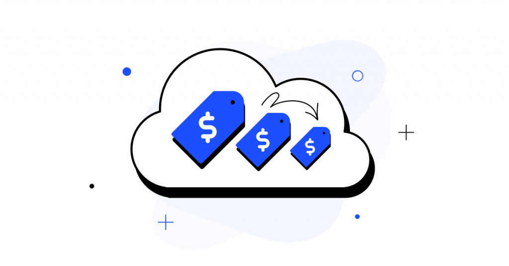A cloud with a price tag getting smaller, symbolizing reduced costs.